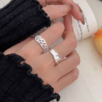wholesale S925 Sterling Silver Unique Geometric Openwork Adjustable Ring for Women, Korean New Style, Minimalist Design, Index Finger Ring-Hollow design (approximately 4g)