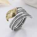 wholesale S925 Sterling Silver Distressed Feather Ring with Eagle Design, Two-Tone, Adjustable-0-1