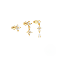 wholesale S925 Sterling Silver Geometric Zirconia Tassel Earring Set With Crystal-embellished Petal Design-3-piece set - Gold#2 925 silver