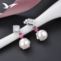 wholesale S925 Sterling Silver Women's Zircon Inlaid Freshwater Pearl Diamond-shaped Korean-style Creative Fashion Jewelry Wholesale-Earrings-Not with Silver Earrings 925 Silver