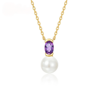 wholesale S925 Sterling Silver Fashionable Minimalist Natural Freshwater Pearl Necklace for Women with Amethyst Pendant Choker Wholesale-Freshwater Pearls>925 Silver