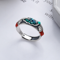 wholesale S925 Silver Antique Matte Enamel Process Resin Lotus Koi Fish Ring Ethnic Style Vintage Ring-793J/approx. 5.9&gt; opening adjustable