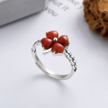 wholesale S925 Sterling Silver Retro Creative South Red Agate Four-Leaf Clover Design Open Adjustable Ring Classic Fashion Band-0-0