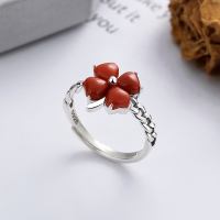 wholesale S925 Sterling Silver Retro Creative South Red Agate Four-Leaf Clover Design Open Adjustable Ring Classic Fashion Band-936FJ/approx. 2.9g Adjustable opening