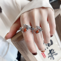 wholesale S925 Sterling Silver Vintage Leaf and Floral Design with Inlaid Southern Red Agate Ring, Pastoral Style Index Finger Ring-0-0