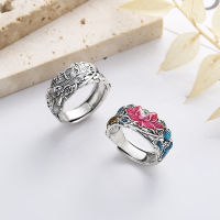 wholesale S925 pure silver ethnic style enamel glaze graceful lotus and koi fish ring vintage index finger ring-749J/B approx. 4.3g Opening adjustable