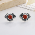 wholesale S925 Sterling Silver Vintage Antique Style Amethyst Ruyi Pattern Inlaid with Southern Red Agate Classical Literary Earrings for Women-0-2