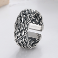 wholesale S925 Sterling Silver Retro Vintage Hand-Woven Braided Creative Unisex Adjustable Open Ring-0-1