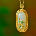 wholesale 925 Sterling Silver with Certificate Hetian Jade Pendant Enamel Bamboo New Chinese Style Vintage Necklace Hanfu Accessory-0-0