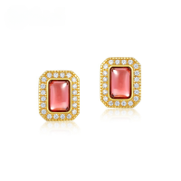 wholesale S925 Sterling Silver New Korean Light Luxury Geometric Garnet Stud Earrings, Simple and Fashionable Wholesale from Manufacturer-10K gold + swimming paint  925 silver