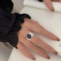 wholesale S925 Sterling Silver Wide Band Natural Black Agate Ring for Women, Ins Niche Aesthetic High-End Sense Ring-0-3
