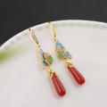 wholesale 925 Silver with Certificate New Chinese Style Ancient Wind Earrings, National Trend Window Flower Lotus Inlaid with Red Agate and Chalcedony Earrings-0-6