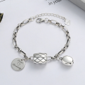 wholesale S925 Sterling Silver Korean-style Geometric Grid Cylinder Bead Round English Charm Creative Bracelet for Women-0-0