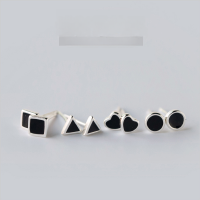 wholesale S925 silver black square and round geometric stud earrings for women and men, couple style E0337-1-S925 silver pair of triangles>925 silver