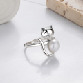 wholesale S925 Sterling Silver Cute and Fresh Ins Style Playful Kitten Design with Pearl Accent Open Ring-0-2
