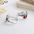 wholesale S925 Sterling Silver 3D Lucky Cat Coin Inlay with South Red Agate Ring Chinese Style Index Finger Ring-0-1