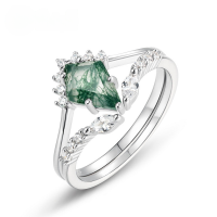 wholesale S925 Sterling Silver Fashionable Light Luxury Jewelry Crown Stackable Set Ring Kite-Shaped Natural Moss Agate Ring High-End Sense-Thick Silver Platinum US7#