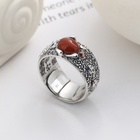 wholesale S925 Sterling Silver Retro Sanskrit Mantra Red Agate Inlaid Ring Unisex-905JM/approx. 8.4g Adjustable opening