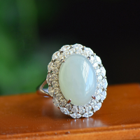wholesale 925 Sterling Silver Ring with Certified Natural Hetian Jade, Small and Unique Design, Palace Style Adjustable Women's Index Finger Ring-10*14mm Hetian Jade Cabochon Ring>Adjustable Opening