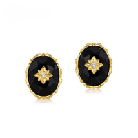 wholesale S925 sterling gold-plated retro lightweight luxury oval black agate earrings for women, fashionable and trendy, available for wholesale-10K gold + swimming paint  925 silver