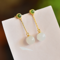 wholesale Sterling Silver with Certificate Hetian Jade Earrings, Minimalist Bead Design, Small Batch Style, National Trend-Inspired, New Chinese-style Dangle Earrings for Women-0-6