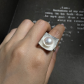 wholesale S925 Sterling Silver Unique Style One Pearl Ring for Women, Small and Chic, High-End Feeling, Natural Pearl Open Adjustable Ring-0-2