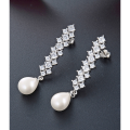 wholesale S925 sterling silver Korean-style vintage long zircon drop earrings with pearl accents, trendy and unique stud earrings-0-3
