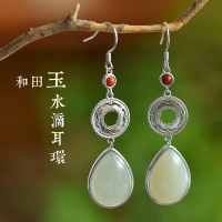 wholesale 925 Silver Inlaid New Chinese Style Long Hetian Jade Earrings, Retro Chinese Hanfu Ear Accessories with Waterdrop Jade-Gold 925 silver