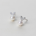 wholesale S925 Sterling Silver Diamond Accented Heart-shaped Shell Pearl Synthetic Pearl Stud Earrings for Women Korean Style Miniature Ear Jewelry E5534-0-3