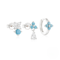 wholesale S925 Sterling Silver Fashion Floral Teardrop Crystal Turquoise C-shaped Earring Set, Hot Selling-3-piece set - Platinum #1 925 silver