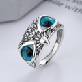 wholesale S925 Sterling Silver Retro Heavy Craft Light Luxury Blue Eye Owl 3D Punk Style Trendy Adjustable Ring-0-0