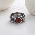 wholesale S925 Sterling Silver Retro Swastika Mantra Wide Band Inlaid with Southern Red Agate Relief Pattern Adjustable Ring-0-1