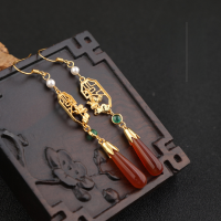 wholesale 925 Silver with Certificate New Chinese Style Ancient Wind Earrings, National Trend Window Flower Lotus Inlaid with Red Agate and Chalcedony Earrings-[Golden Lotus] 6*20mm Red Agate Earrings 925 Silver