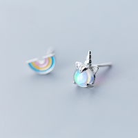 wholesale S925 Sterling Silver Unicorn Asymmetrical Rainbow Sweet Ear Studs for Women, Small Fresh and Lovely Style G1318-S925 silver pair of unicorn rainbow models 925 silver