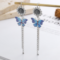 wholesale S925 Sterling Silver Vintage Antique-Finished Fine Craft Resin Enamel Fluttering Butterfly Daisy Fresh and Elegant Earrings-0-1