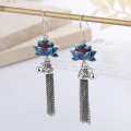 wholesale S925 Sterling Silver Retro Style Enameled Blue Lotus Tassel Bell Ethnic Elaborate Long Earrings-0-0