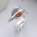 wholesale S925 Sterling Silver Retro Classic Feather Inlaid with Garnet Creative Unisex Wide Band Ring-0-0