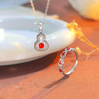 wholesale S925 Sterling Silver Red Agate Gourd Necklace Women's Fashion Trendy Chinese Style Luxury Design Pendant Collarbone Chain Ring Set-Matching sterling silver necklace/approximately 1.4g&gt;XL000155-2 sterling silver