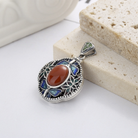 wholesale S925 Sterling Silver Guochao Palace Style Resin Cloisonné Lotus with South Red Agate Fragrance Pouch Pendant-165FP/single pendant about 5.2g