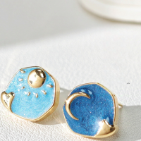 wholesale S925 Sterling Silver Red Elk French Enamel Blue Earrings for Women, Retro Oil Painting Art, Unique Elegant Stud Earrings-BE0270-Gold 925 Silver