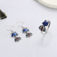 wholesale S925 Sterling Silver Enamel and Resin Koi Small Goldfish Ring and Earrings, Delicate and Artistic Ethnic Style Accessories-1011FJ/earrings approx. 2.6g &gt; opening adjustable