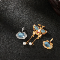 wholesale Metal S925 ancient method silver gold-plated fittings set with natural aquamarine spacer beads, bean-shaped bead, back cloud, butterfly pendant, and tassel drop-Aquamarine pendant.