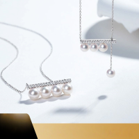 wholesale 18K Gold Diamond Akoya Seawater Pearl Balance Beam Note Necklace Women's High-End Round Collarbone Chain-18K White &gt; Gold Edition