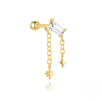 wholesale S925 Sterling Silver Geometric Zirconia Star Moon Bead Threaded Cartilage Stud With Classic Fringe-Single gold #2