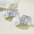 wholesale S925 silver jewelry, trendy style, precision-set with 11mm pearl shell beads, European and American fashionable floral earrings-0-1