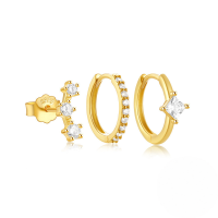 wholesale S925 Sterling Silver Classic Irregular Hoop Earrings With Zircon, Women's Daily Wear Set-Set of 3 - Gold#3 925 Silver