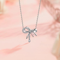 wholesale Sterling Silver S925 Light Luxury Versatile Young Girl Bow Butterfly Dream Necklace Women Small Bow Tie Pure Silver Collarbone Chain Gift for Best Friend-White gold pink diamond