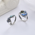 wholesale S925 Sterling Silver Vintage Enamel Resin Colorful Ethnic Lucky Carp Lotus Tassel Adjustable Ring-0-0