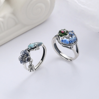 wholesale S925 Sterling Silver Vintage Enamel Resin Colorful Ethnic Lucky Carp Lotus Tassel Adjustable Ring-YJ684M/A approx. 2.5g  925 silver