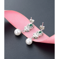 wholesale S925 Sterling Silver Floral Pearl Earrings for Women, Vintage French Style with Shell Pearls, Emerald Green Zircon Ear Accessories-0-2